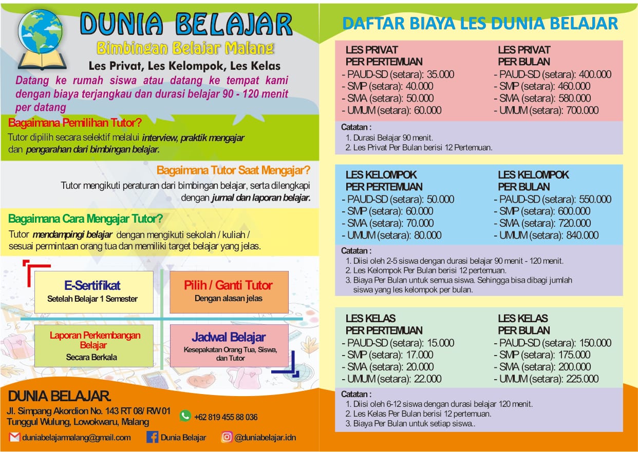 Daftar Biaya Les Dunia Belajar
